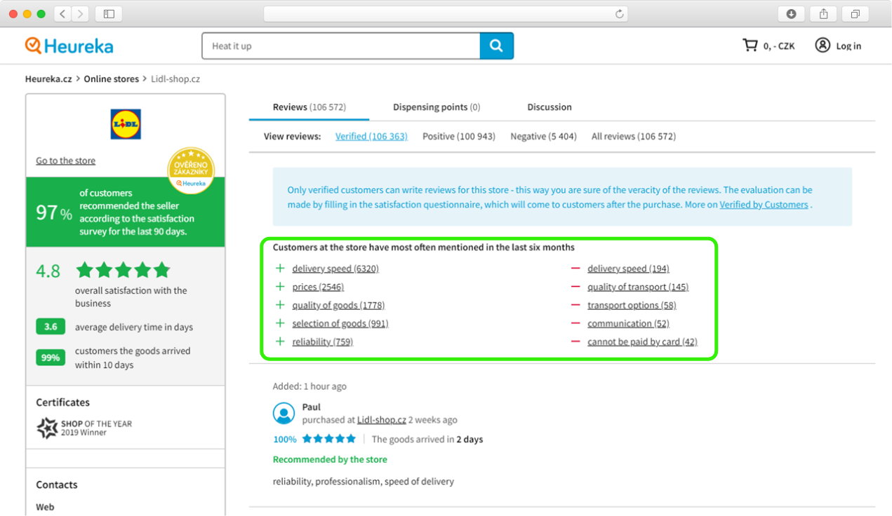 Automatic summarization on the Heureka website, image 1
