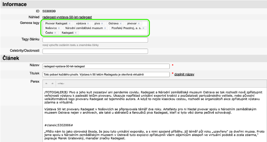 A screenshot from VLM's CMS, with tags provided by Geneea.
